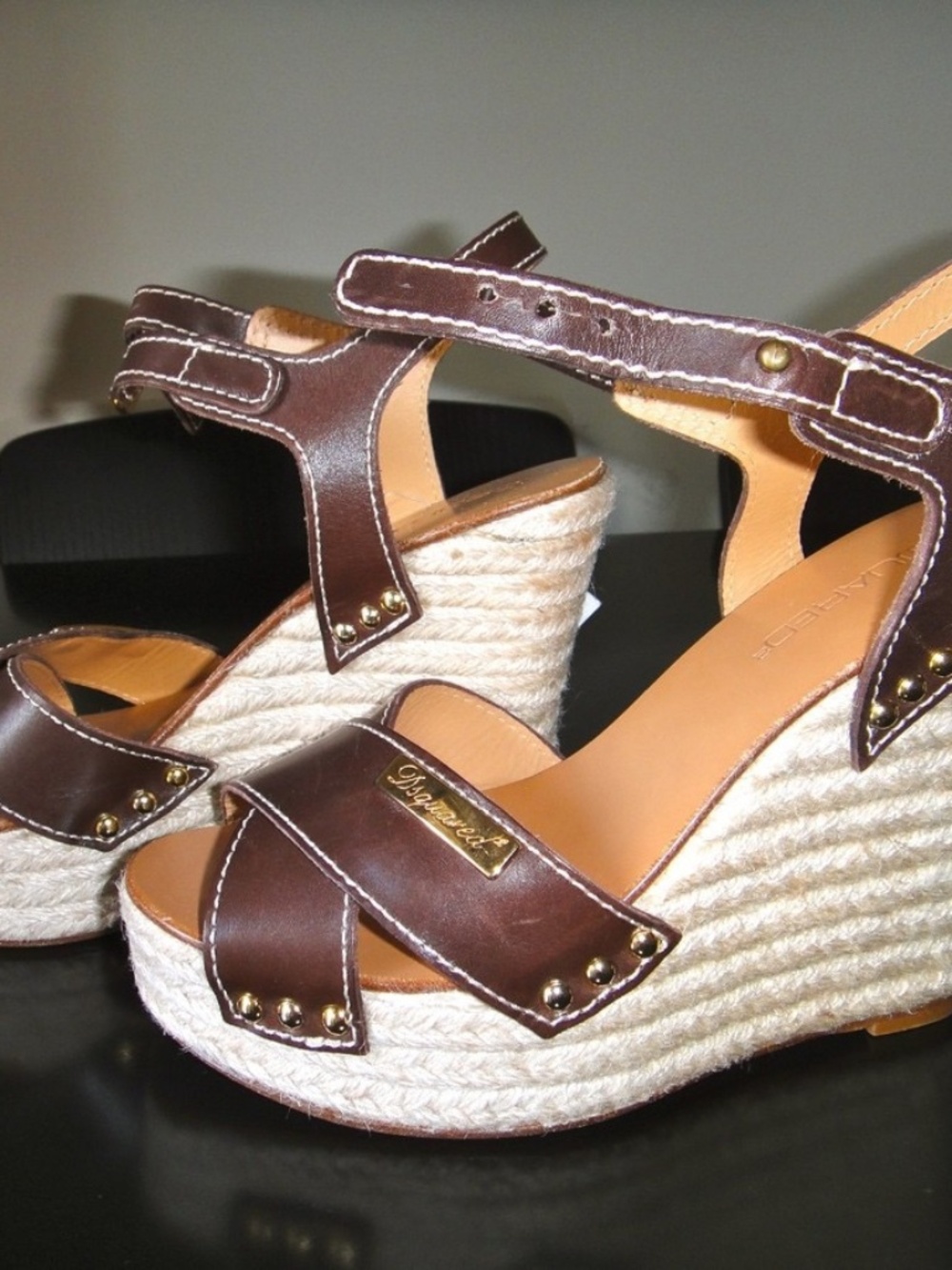 DSQUARED2 Dark Brown Leather Espadrille Wedge Sandals